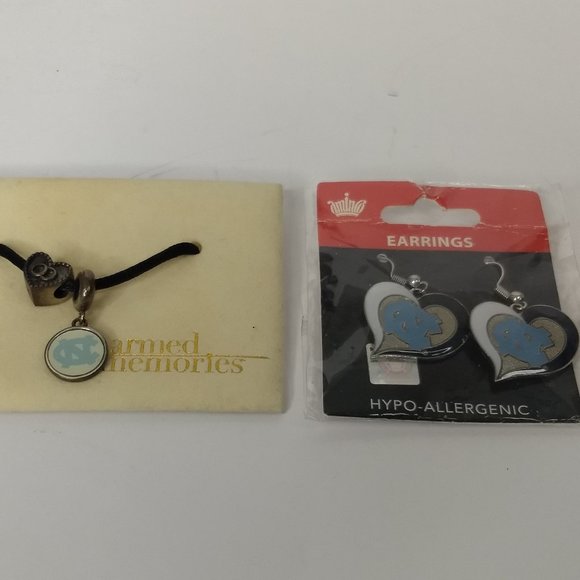 UNC Earring Aminco and Charmed Memories Charm Bracelet Lot College Gift Silver - Picture 1 of 10